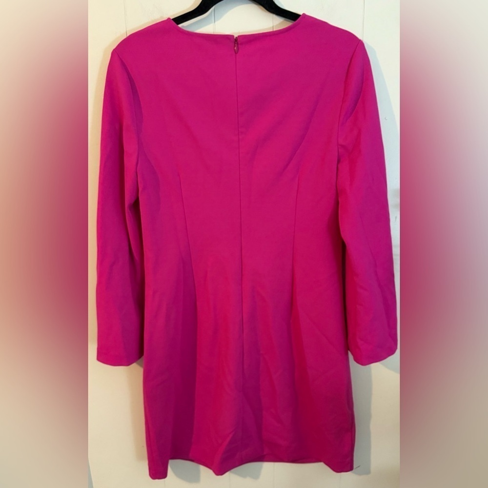 Trina Turk Hot Barbie Pink Long Statement Sleeve Split Neck Shift Dress 8 - Picture 7 of 11